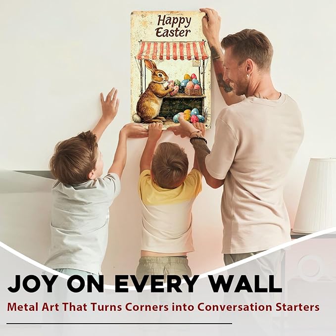 Metal Tin Sign Happy Easter Bunny Signs Vintage Wall Art Decor For Backyard Home Living Room Easter Garden Vintage Wall 8x12Inch