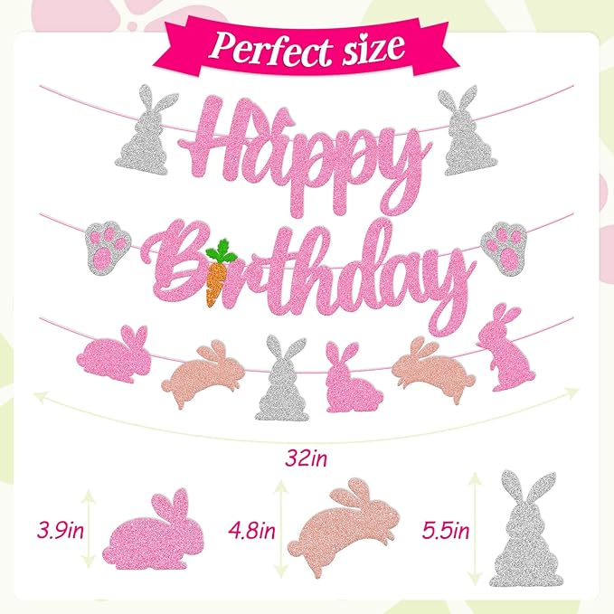 Bunny Birthday Banner Rabbit Bday Party Decorations Bunny Paw Ears Carrot Easter's Day Theme for Kids Boy Girl Baby Shower Party Supplies (Pink)