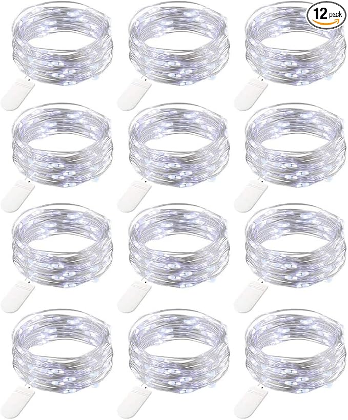 12 Pack Fairy Lights Battery Operated String Lights，7FT 20LED Waterproof Silver Wire Christmas Lights Outdoor,Firefly Mini Lights for Bedroom Party Birthday Wedding Indoor Decorations.