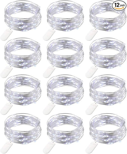 12 Pack Fairy Lights Battery Operated String Lights，7FT 20LED Waterproof Silver Wire Christmas Lights Outdoor,Firefly Mini Lights for Bedroom Party Birthday Wedding Indoor Decorations.