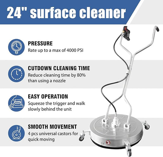 JANZ 24'' Pressure Washer Surface Cleaner with 4 Wheels,Dual Handle,Stainless Steel Housing, 4 Replacement Nozzle Cores and 2 Hose Adapters,Ideal for Driveways, Sidewalks,Patios,Decks Cleaning