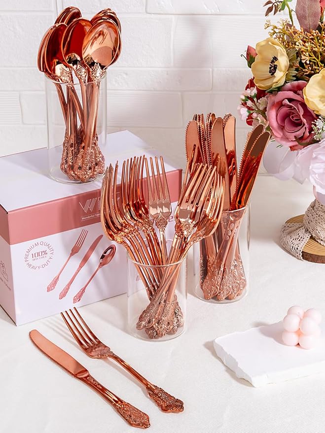 WDF 120-Piece Rose Gold Plastic Silverware - Heavy Duty Disposable Rose Gold Cutlery Set - Includes 40 Forks, 40 Spoons, 40 Knives for Wedding