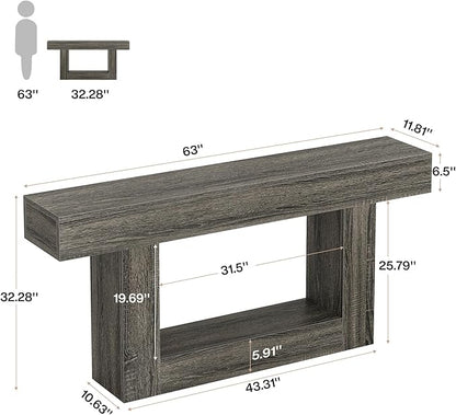 Tribesigns 63" Console Table, Farmhouse 2-Tier Entryway Table with U-Shaped Base, Narrow Long Wood Sofa Table Behind Couch Table for Living Room, Hallway, Foyer, Gray