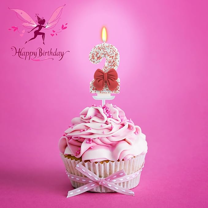 Birthday Candle for Cake, Red Bow Number Candles, 2.76 inch Cake Topper Decoration for Birthday Party (Number 2)