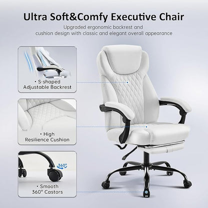 Office Chair, Big and Tall Office Chair with Foot Rest Ergonomic Chair Home Office Desk Chairs Reclining High Back Leather Chair with Lumbar Support(White)