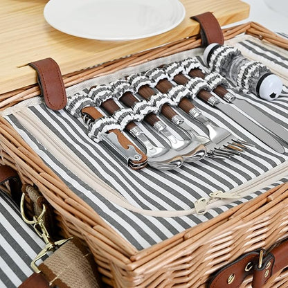 Multifunctional Wicker Picnic Basket Set for 4 with Blanket and Picnic Table, Insulated Picnic Set with Full Tablewares for Camping Outdoor Couples, Stripes
