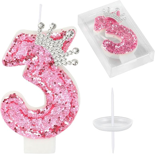 Birthday Number Candles,Pink Crown Birthday Candles for Cake,Glitter Number 3 Candle Cake Topper with Sequins for Girls,Women, Anniversary Celebrations Supplies (Pink 3)