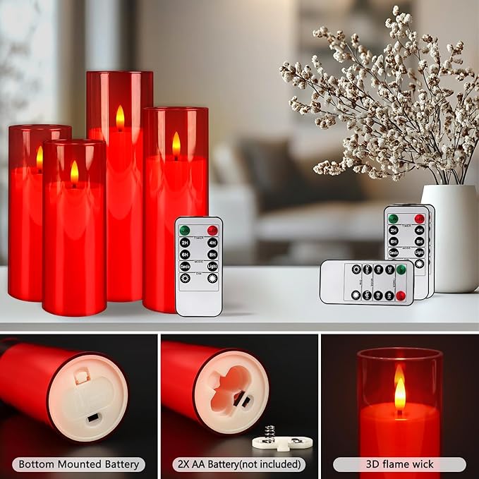 Flameless LED Candles 24 Pack, Realistic Flickering Flame Battery Operated Pillar Candles with Remote Control & Timer, for Home Decor, Wedding, Romantic Ambiance (Red)
