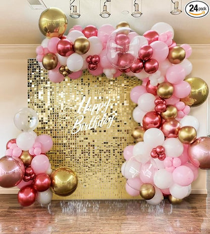 Shimmer Wall Backdrop Light Gold Square Sequin Wall Panel Backdrop Decor for Wedding, Anniversary, Birthday, Party, 24 Panels