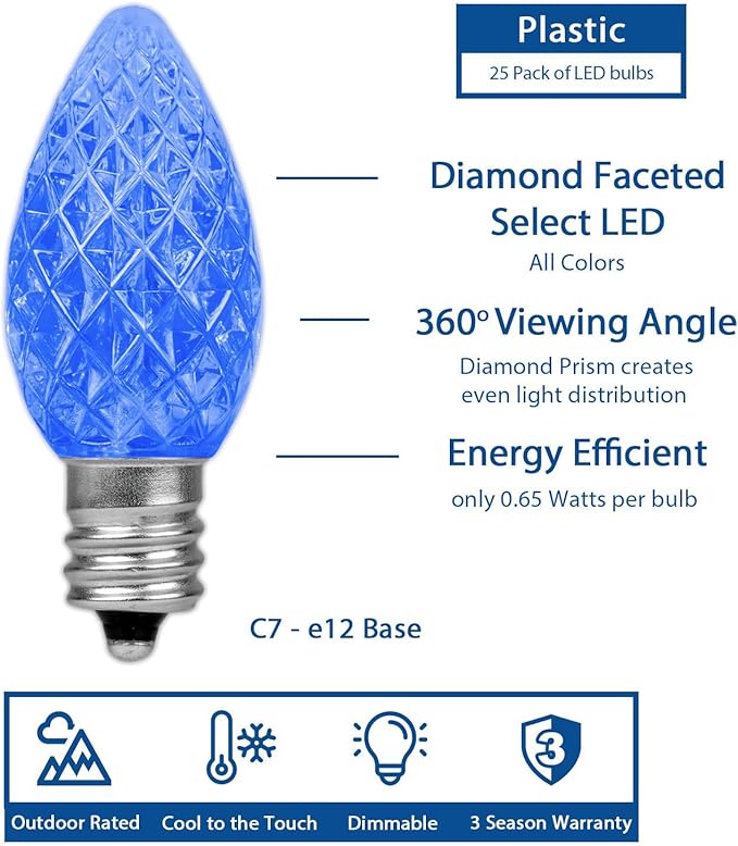 Novelty Lights 25pk Blue C7 LED Faceted Christmas Light Replacement Bulbs, Ultra Bright Dimmable Replacement Lamps for Indoor/Outdoor Light Strings