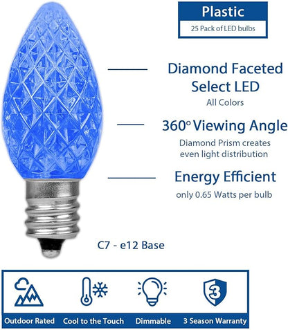 Novelty Lights 25pk Blue C7 LED Faceted Christmas Light Replacement Bulbs, Ultra Bright Dimmable Replacement Lamps for Indoor/Outdoor Light Strings