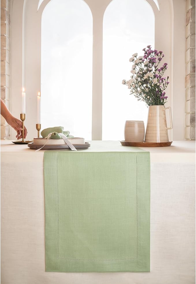 D'Moksha Homes Linen Sage Green Table Runner 36 Inches - 100% Pure Linen Small Table Runner 14 x 36 Inch Ideal for Dresser, Coffee Tables, Christmas, Holiday - Classic Hemstitch