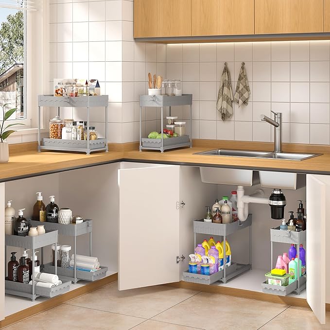 3 Pack Under Sink Organizers, 2-Tier Multi-Use Kitchen and Bathroom Organizers and Storage with Sliding Drawers, Bathroom Cabinet Organizer (Gray, 14.8 Inch)