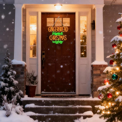 Horseneon Christmas Neon Sign Gingerbread Kisses Christmas Wishes Neon Sign Bright LED Wall Decoration for Home Kitchen Bakery USB Power Sweet Treats Neon Signs for Christma