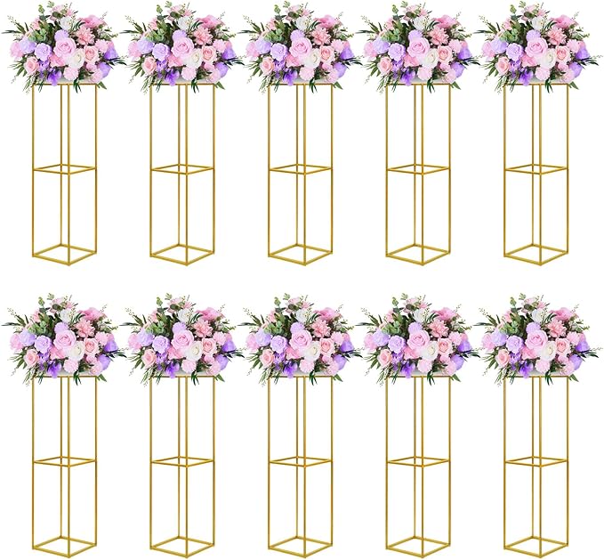 YALLOVE 10 Pcs 31.5 Inch Metal Flower Stand, Gold Centerpieces Vases Stand With Clear Acrylic Sheets, Geometric Display Rack for Wedding Party Decorations