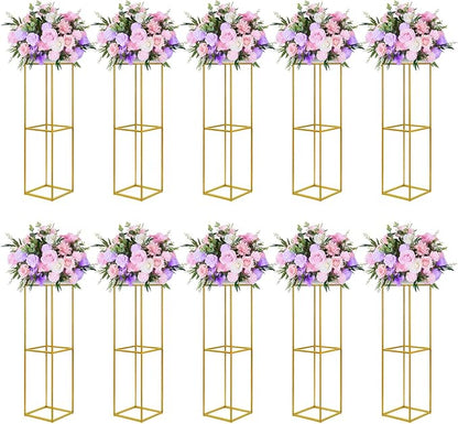 YALLOVE 10 Pcs 31.5 Inch Metal Flower Stand, Gold Centerpieces Vases Stand With Clear Acrylic Sheets, Geometric Display Rack for Wedding Party Decorations