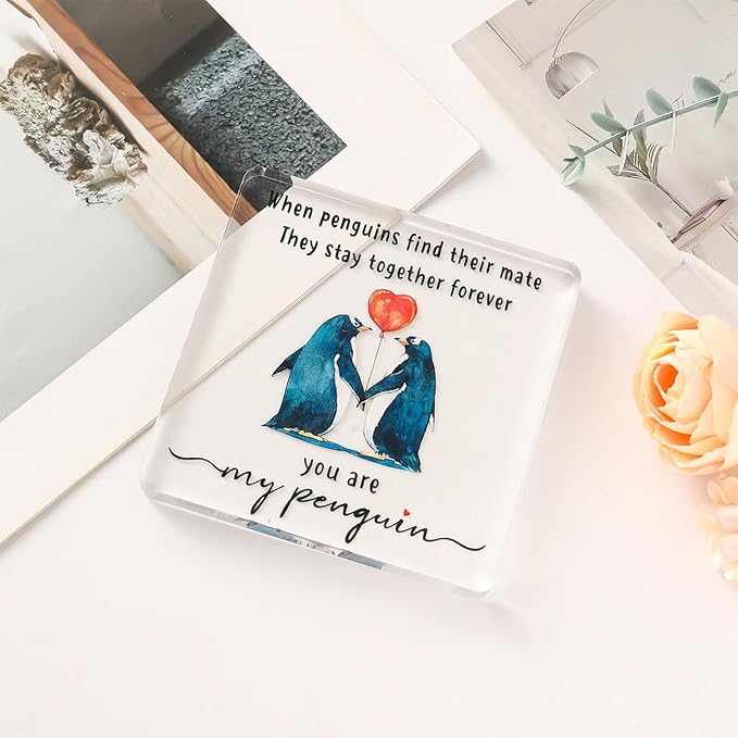 Valentines Day Gift for Her Him - Wedding Anniversary Acrylic Plaque Keepsake - Penguin Romantic I Love You Gifts for Couple Wife Husband Girlfriend Boyfriend Fiancee (Penguin)