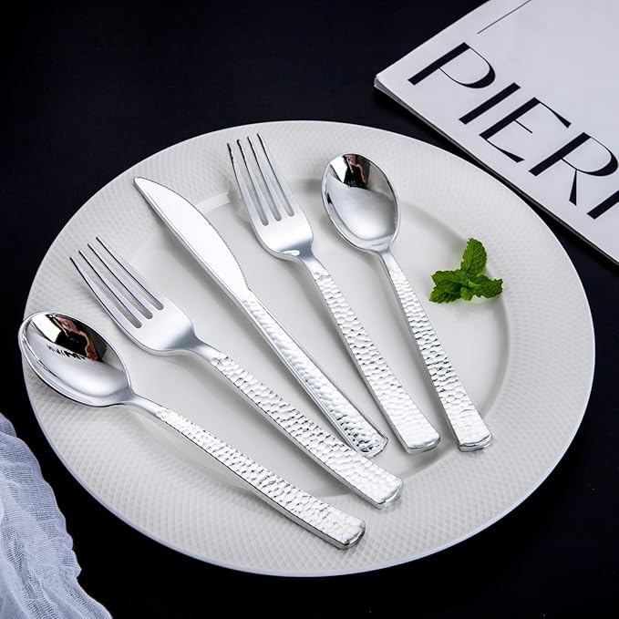 Nervure 300PCS Silver Plastic Silverware - Disposable Silver Cutlery - Hammered Plastic Utensils Include 100 Forks, 100 Knives, 100 Spoons Perfect for Dinner, Party & Wedding