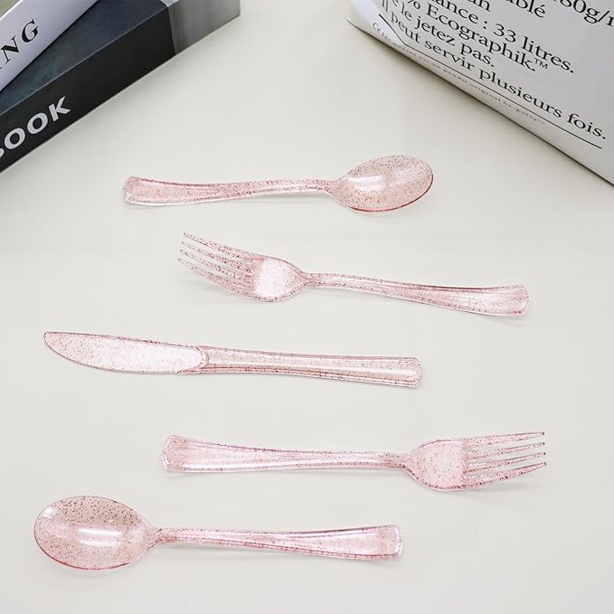 150 Pack Pink Glitter Plastic Silverware Disposable, Baby Shower Cutlery, 50 Pink Forks, 50 Rose Gold Spoons, 50 Rose Gold Knives for Brithday, Wedding, Baby Shower