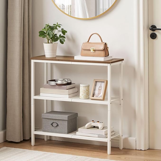 HOOBRO 29.5" Narrow Console Table, 3 Tier Entryway Table with Shelves, Thin Sofa Table, Behind Couch Table, Display Side Table, for Hallway, Entrance, Living Room, Walnut and White WH73XG01