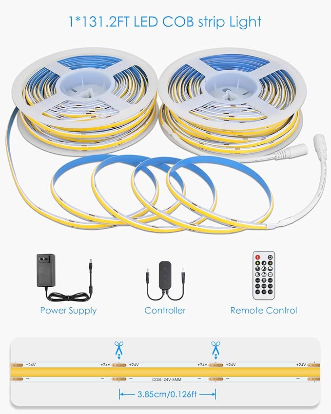 24V COB Led Strip Lights 131.2FT White LED COB Light Strips for Bedroom Super Bright 6500K Dimmable Flexible CO B Light 480LED/M Hight Density LED Tape Light for Cabinet Party Decor(40M/2roll)