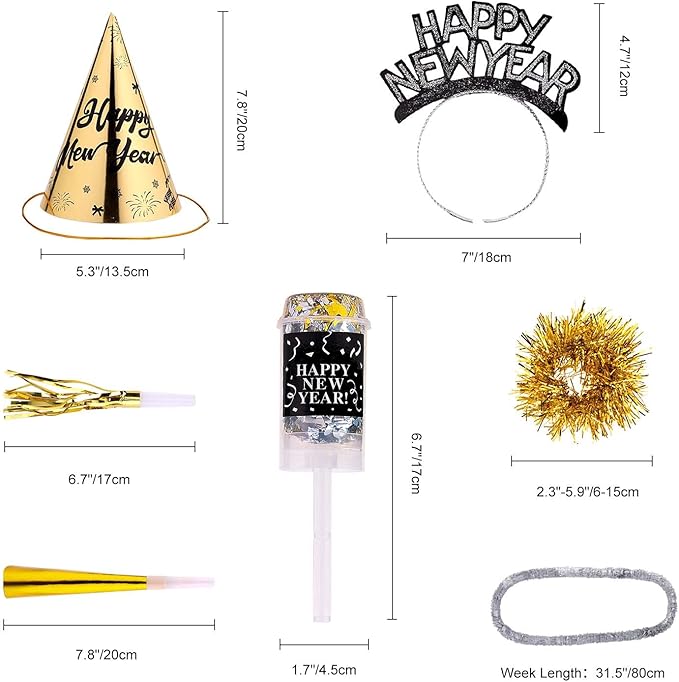 Auihiay 269 PCS New Years Eve Party Supplies | Includes Happy New Year Tiaras, Cone Hats, Bracelets, Horns, Squawkers, Leis & More | Perfect for New Years Decorations 2026 & NYE Celebrations