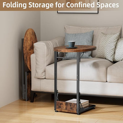 Elbourn Folding Side Table End Couch Tables,Metal Frame C-Shaped TV Stand for Sofa Living Bedroom Bedside Coffee Small Spaces(Vintage Wood Color)