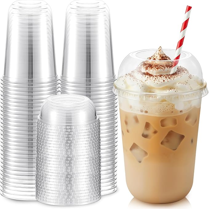 50 Set Clear Plastic Cups with Wide Dome Lids Dessert Cups with Large Hole Dome Lids Disposable Party Drink Mugs for Smoothies Iced Coffee Bubble Tea Slushies Parfaits, and More(16oz)