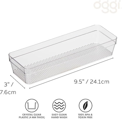 Oggi Clear Drawer Organizer - 3" X 9.5" - Ideal for Organizing Kitchen Drawers, Office, Desk, Silverware, Kitchen Utensils, Cosmetics and Bathrooms
