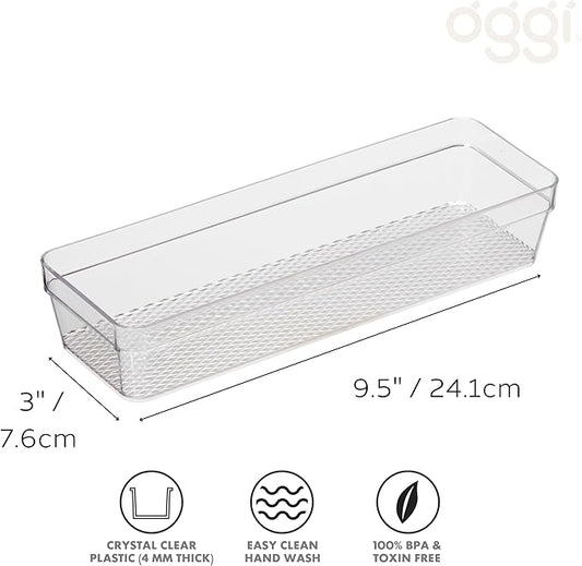Oggi Clear Drawer Organizer - 3" X 9.5" - Ideal for Organizing Kitchen Drawers, Office, Desk, Silverware, Kitchen Utensils, Cosmetics and Bathrooms
