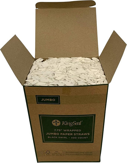 400 Count | Kingseal FSC Certified Disposable Paper Drinking Straws, Paper Wrapped, 7.75" Length x 6mm Diameter, Black Swirl Stripe, Biodegradable, Earth Friendly, Bulk Pack - 400 Straws per Box