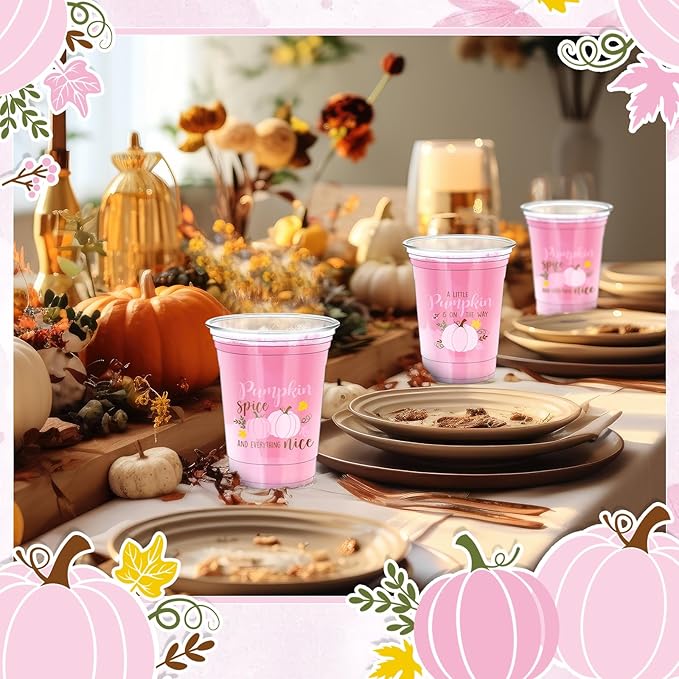 Meanplan 50 Pcs 12oz Thanksgiving Baby Shower Party Plastic Cups A Little Pumpkin is On The Way Disposable Clear Cups for Fall Autumn Baby Shower Gender Reveal Supplies Decorations(Pink)