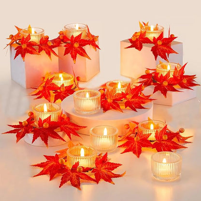 Hewory Fall Candle Holder Centerpiece: Thanksgiving Candle Holders Set of 12 with Maple Leaves Wreath & Berries, Glass Tealight Candle Holder Fall Centerpiece Table Decorations for Thanksgiving Table