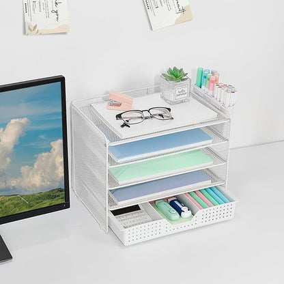 Desk Organizer and Accessories, 5-Tier Paper Letter Tray Organizer with Drawer & 2 Pen Holders for Desktop File Organization, Office Desk Accessories for Supplies Storage (White)