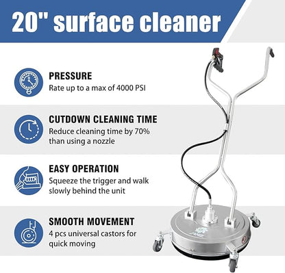 janz 20" Pressure Washer Surface Cleaner with 4 Wheels,Dual Handle,Stainless Steel Housing, 4 Replacement Nozzles and 2 Hose Adapters,Ideal for Driveways, Sidewalks,Patios,Decks Cleaning