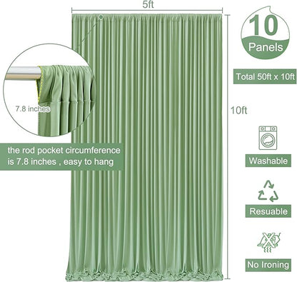 10 Panels Sage Green Backdrop Curtain for Parties Wrinkle Free Dark Green Photo Curtains Backdrop Drapes Fabric Decoration for Weding Baby Shower Birthday Party Photography 50ft(W) x 10ft(H)