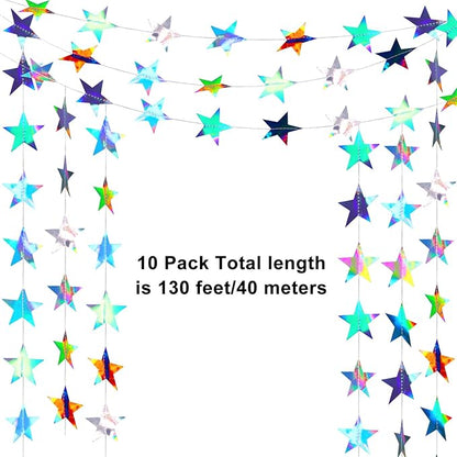 Patelai Glitter Star Garland Banner Christmas Decor 130 Feet Star Hanging Bunting Banner Twinkle Backdrop for Homecoming Classroom Wedding Birthday Halloween Party Supplies(Holographic Iridescent)