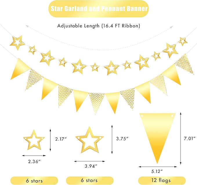 CANREVEL 3 PCS Gold Happy Birthday Banners, Hanging Stars Garland and Pennant Banner Flags, Gold Party Decorations, Golden Birthday Party Supplies for Women Men Girls Boys Adults