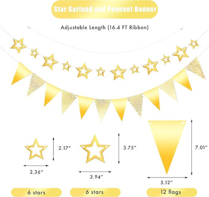 CANREVEL 3 PCS Gold Happy Birthday Banners, Hanging Stars Garland and Pennant Banner Flags, Gold Party Decorations, Golden Birthday Party Supplies for Women Men Girls Boys Adults