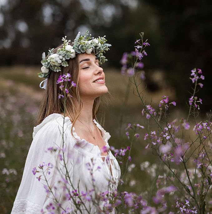 Vividsun Wedding Bridal Green Leaf Flower Crown Eucalyptus Floral Crown Maternity Photo Props (A/white)
