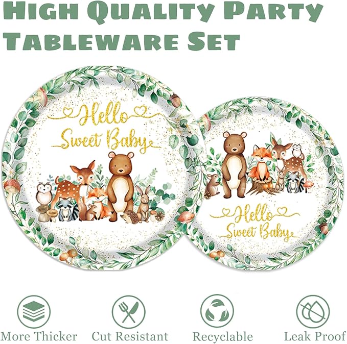 Woodland Baby Shower Decorations - Plates, Napkins, Cups, Cutlery, Cake & Cupcake Toppers, Banner, Hanging Swirls, Tablecloth, Balloons for Woodland Safari Birthday Party Decorations, Serve 24