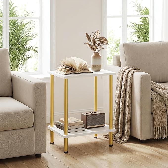 HOOBRO End Table, Small Side Table, Nightstand with 2-Layer Storage Shelves, Sofa Table for Small Spaces, Living Room, Bedroom, Stable Frame, Easy Assembly, White and Gold DW09BZ01