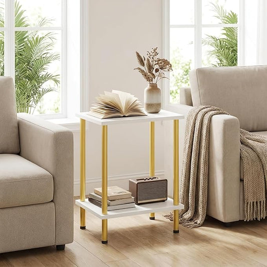 HOOBRO End Table, Small Side Table, Nightstand with 2-Layer Storage Shelves, Sofa Table for Small Spaces, Living Room, Bedroom, Stable Frame, Easy Assembly, White and Gold DW09BZ01