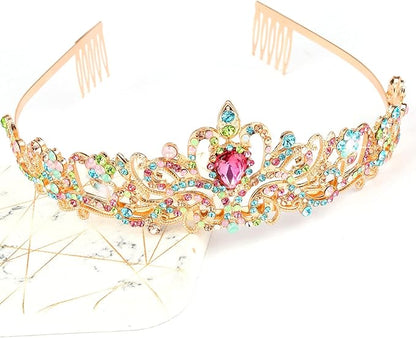 COCIDE Gold Tiara for Women Crystal Crown with Colorful Gemstones Rhinestones Hair Accessories for Girl Birthday Party Princess Prom Bride Wedding Bridal