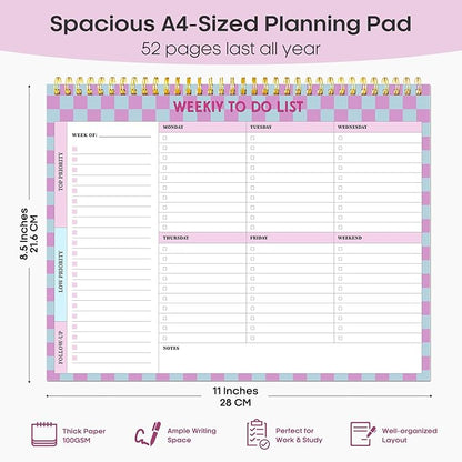 Taja Weekly To Do List Notepad with 52 Undated Sheets（8.5"×11"）- Weekly Desk Planner for Women & Man, Work and Home - 1 Pack Lavender Checkered