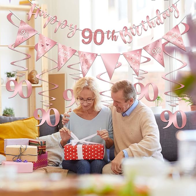 Rose Gold 90th Birthday Decoration Kit - Happy 90th Banner, Bunting, Streamers & Triangle Flag for Party Decorations