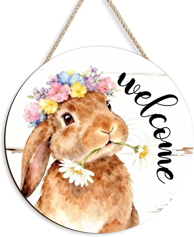 Kercan Easter Decor Door Sign, Religious Easter Decorations for Home, Spring Welcome Sign for Front Door, Bunnies Wood Signs, Bunny Egg Decor Wood Hanging Sign Gifts