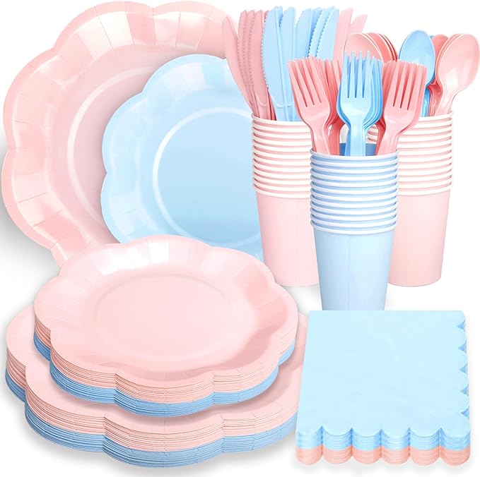 192 Psc Baby Gender Reveal Plates And Napkins Set Party Supplies - For 24 Guests Paper Plates And Napkins Knives Spoons Forks Cups - For Baby Shower Gender Reveal Party