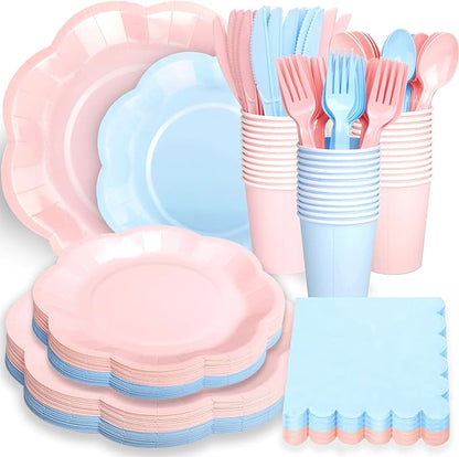 192 Psc Baby Gender Reveal Plates And Napkins Set Party Supplies - For 24 Guests Paper Plates And Napkins Knives Spoons Forks Cups - For Baby Shower Gender Reveal Party