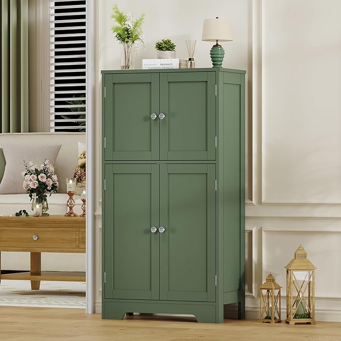 TEENFON Bathroom Floor Storage Cabinet, Freestanding Bathroom Cabinet with 4 Doors & 2 Adjustable Shelves, Cupboard, Floor Cabinets for Living Room, Entryway, Office, Forest Green
